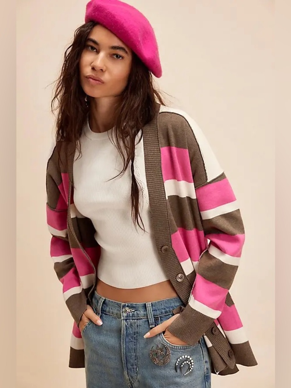 Free People League of Her Own Striped Pink and Brown Open Cardigan Sweater